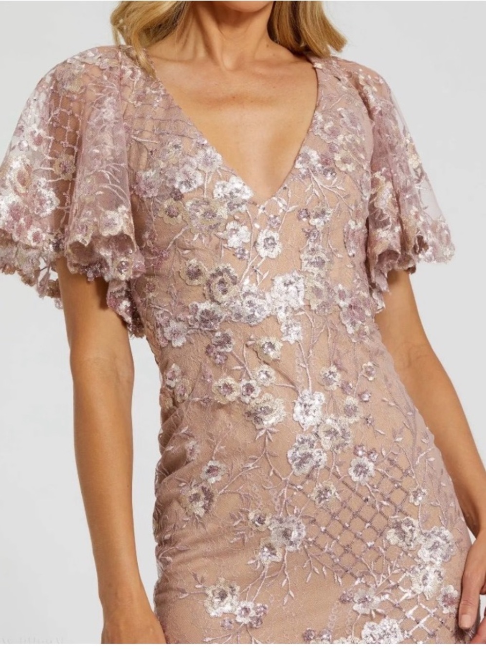Mac Duggal - #68743 Pink Embellished Lace V Neck Butterfly Sleeve Gown Size 8 - Picture 2 of 9